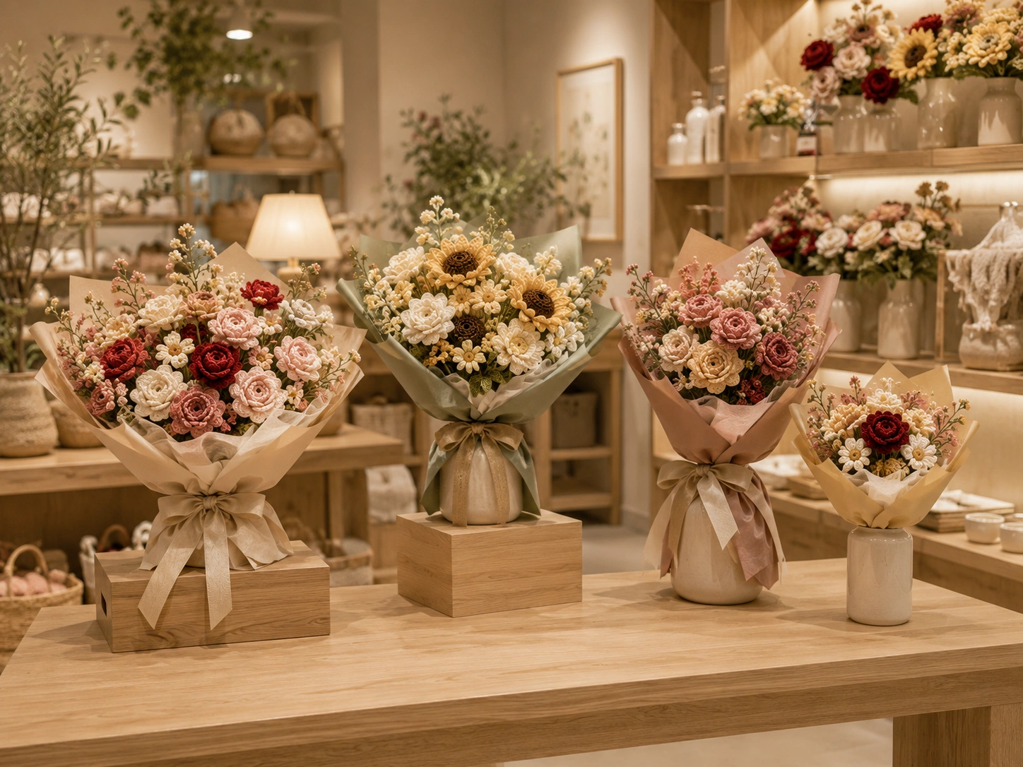 Crochet flower bouquets displayed in a lifestyle retail space