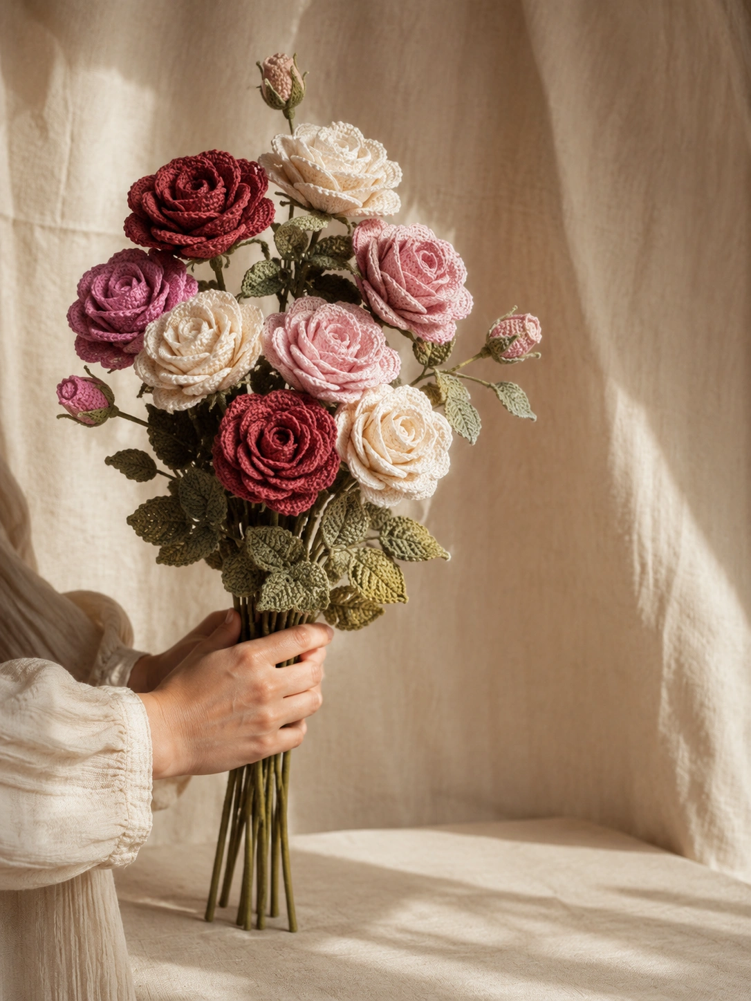 Handmade crochet rose bouquet in warm red and pink tones