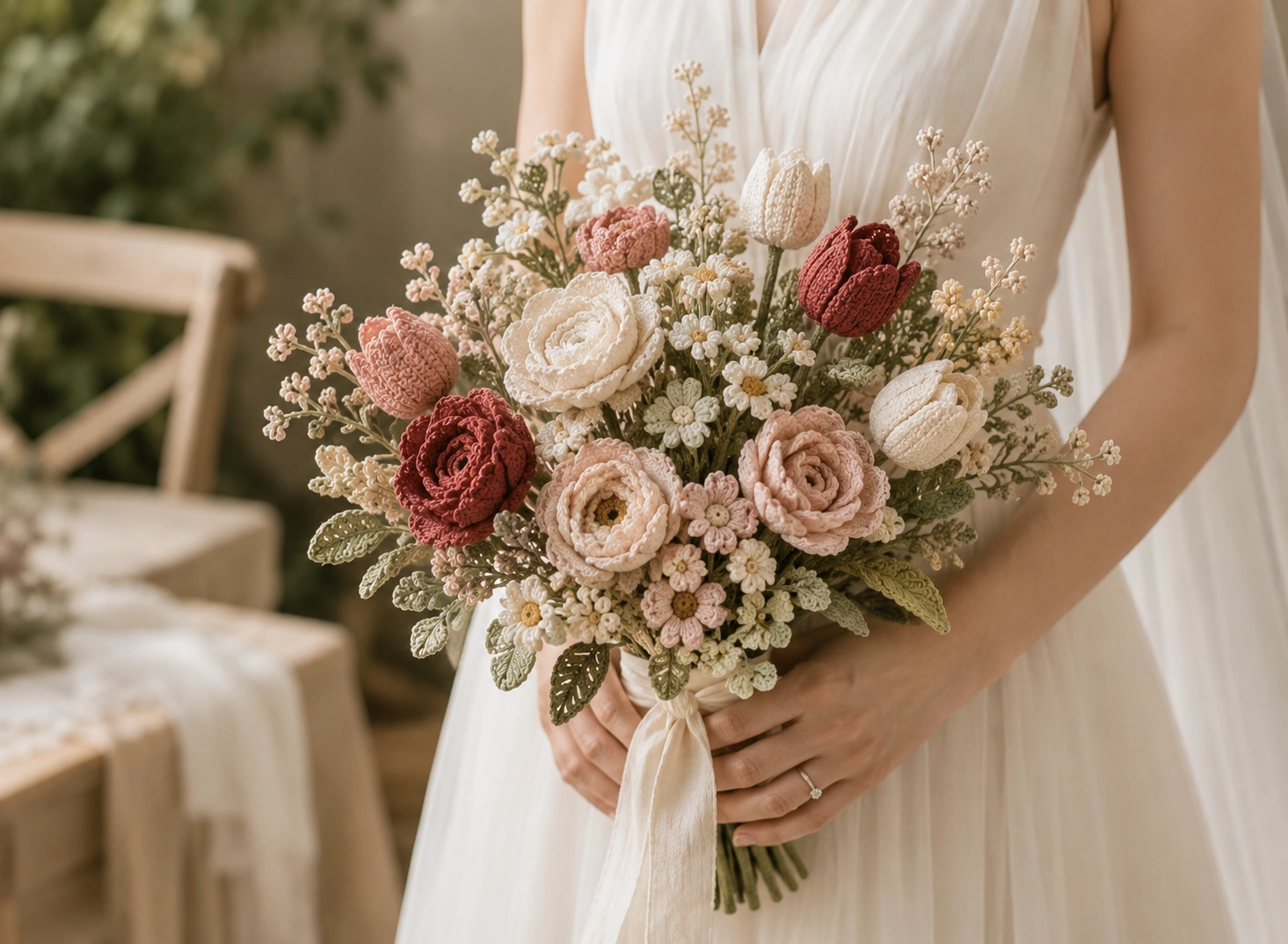 Handmade crochet flowers at a wedding ceremony