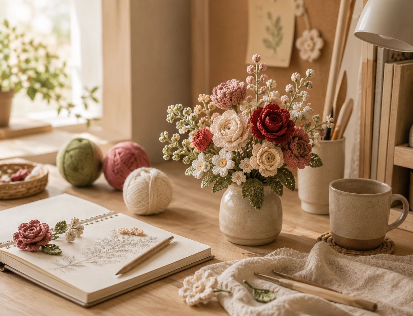Crochet flowers on a creative workspace desk