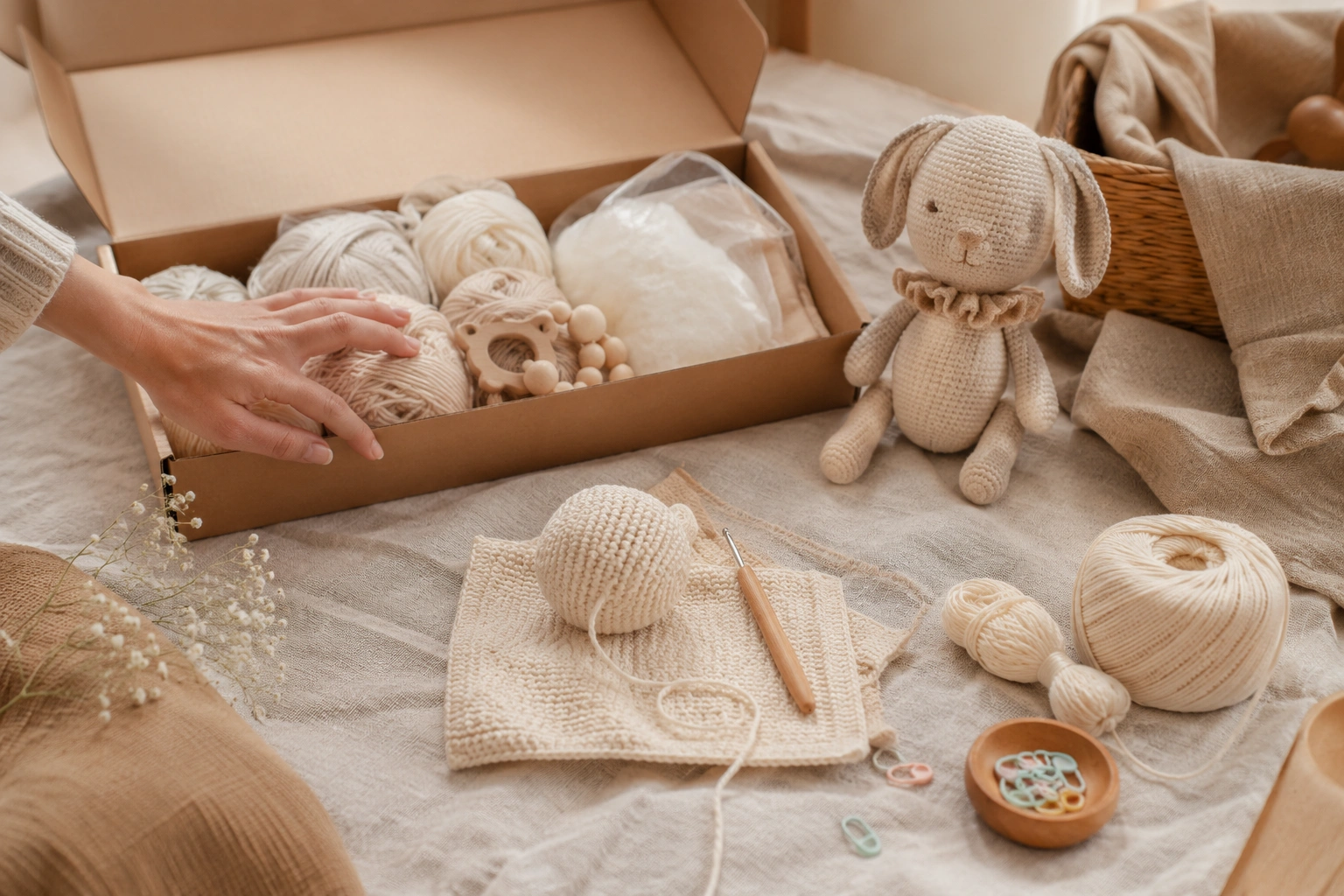 Soft crochet baby toys on a linen blanket