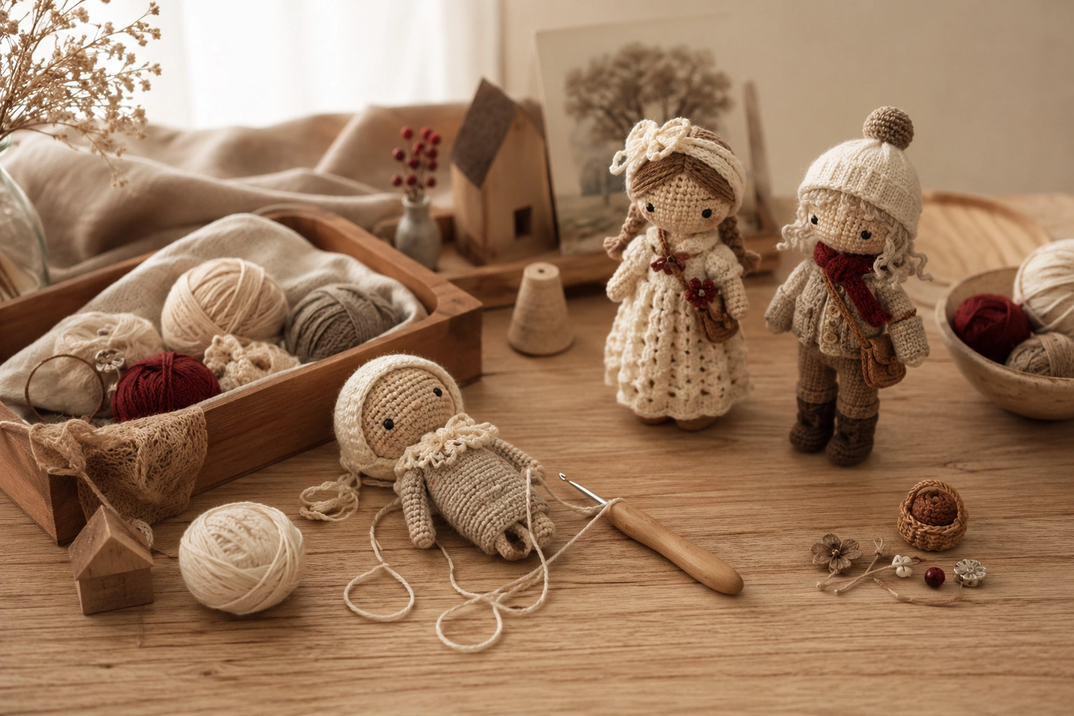 Crochet character dolls arranged on an oak table