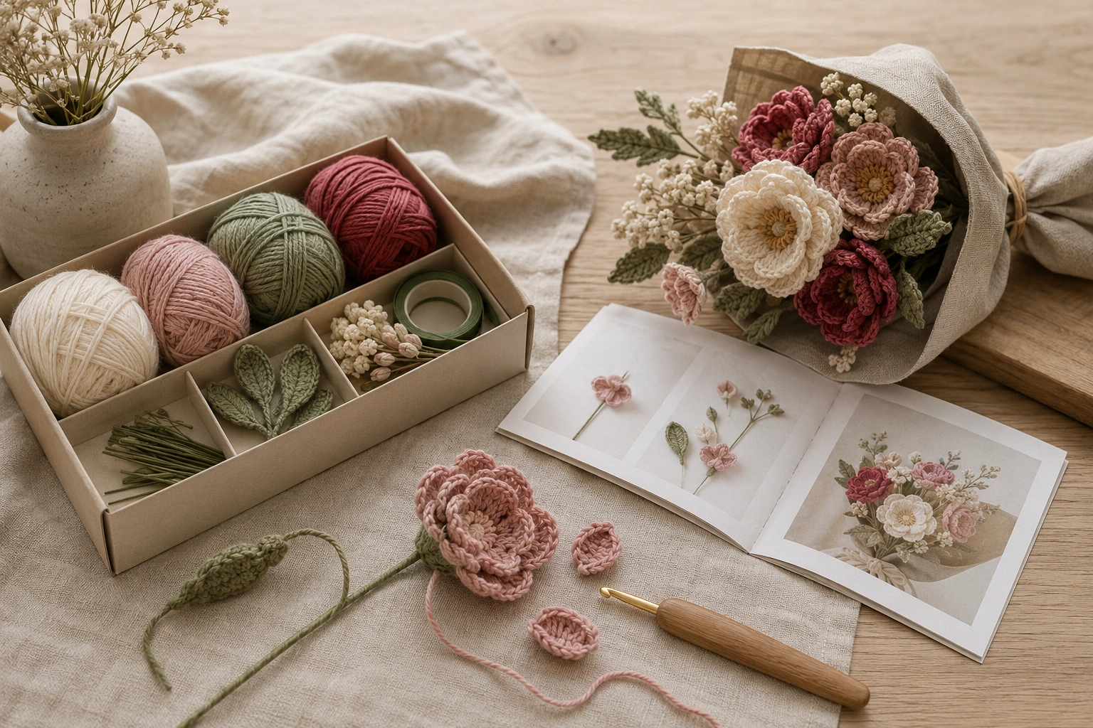 Crochet flower kit laid on a linen cloth