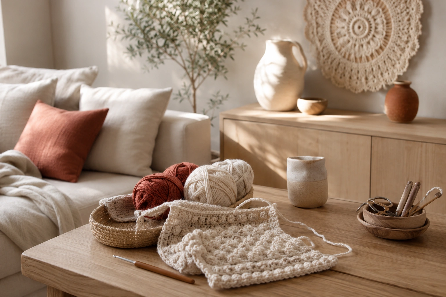 Crochet home decor items in a cozy living room