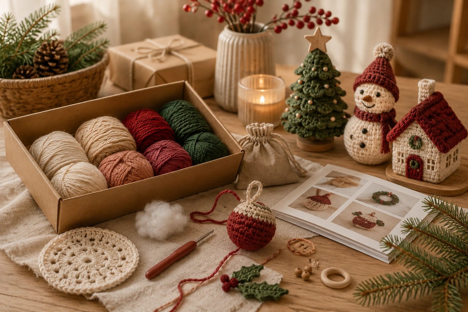 Seasonal crochet decorations on a festive table