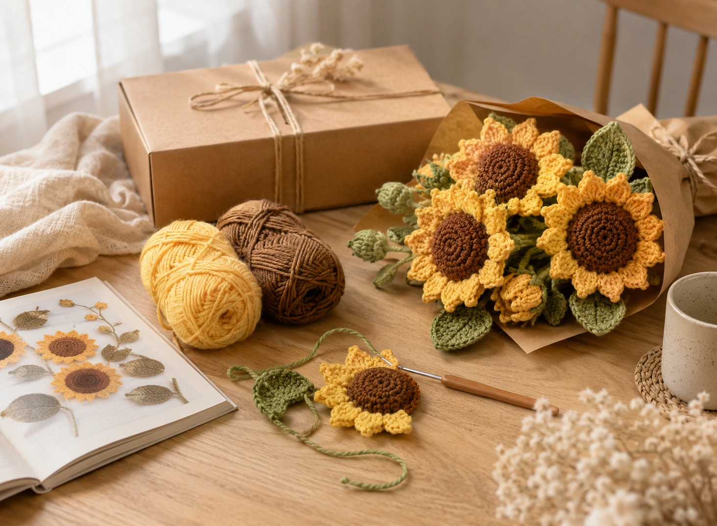Crochet sunflower kit on a warm oak table