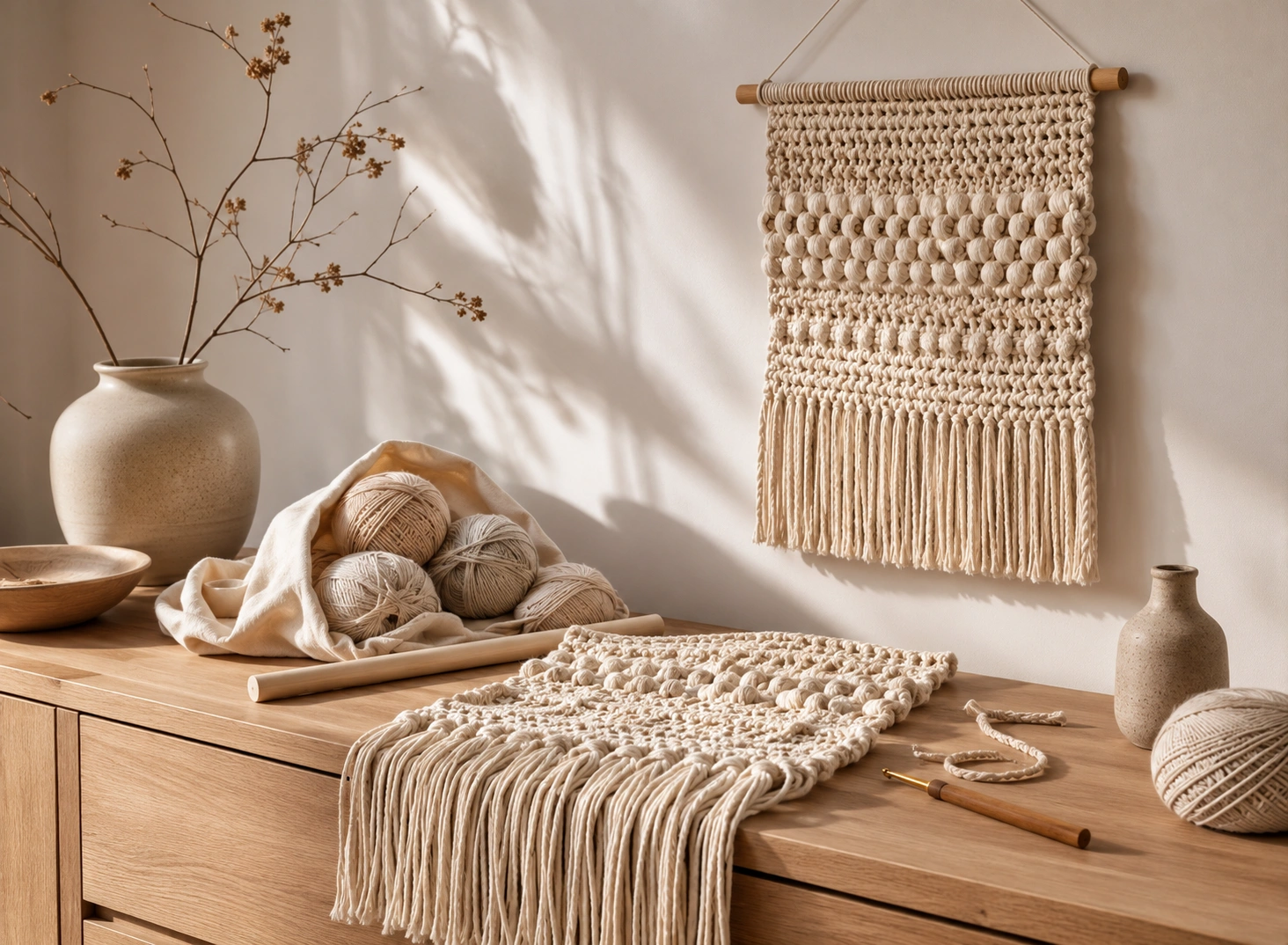 Crochet wall hanging in a cozy interior