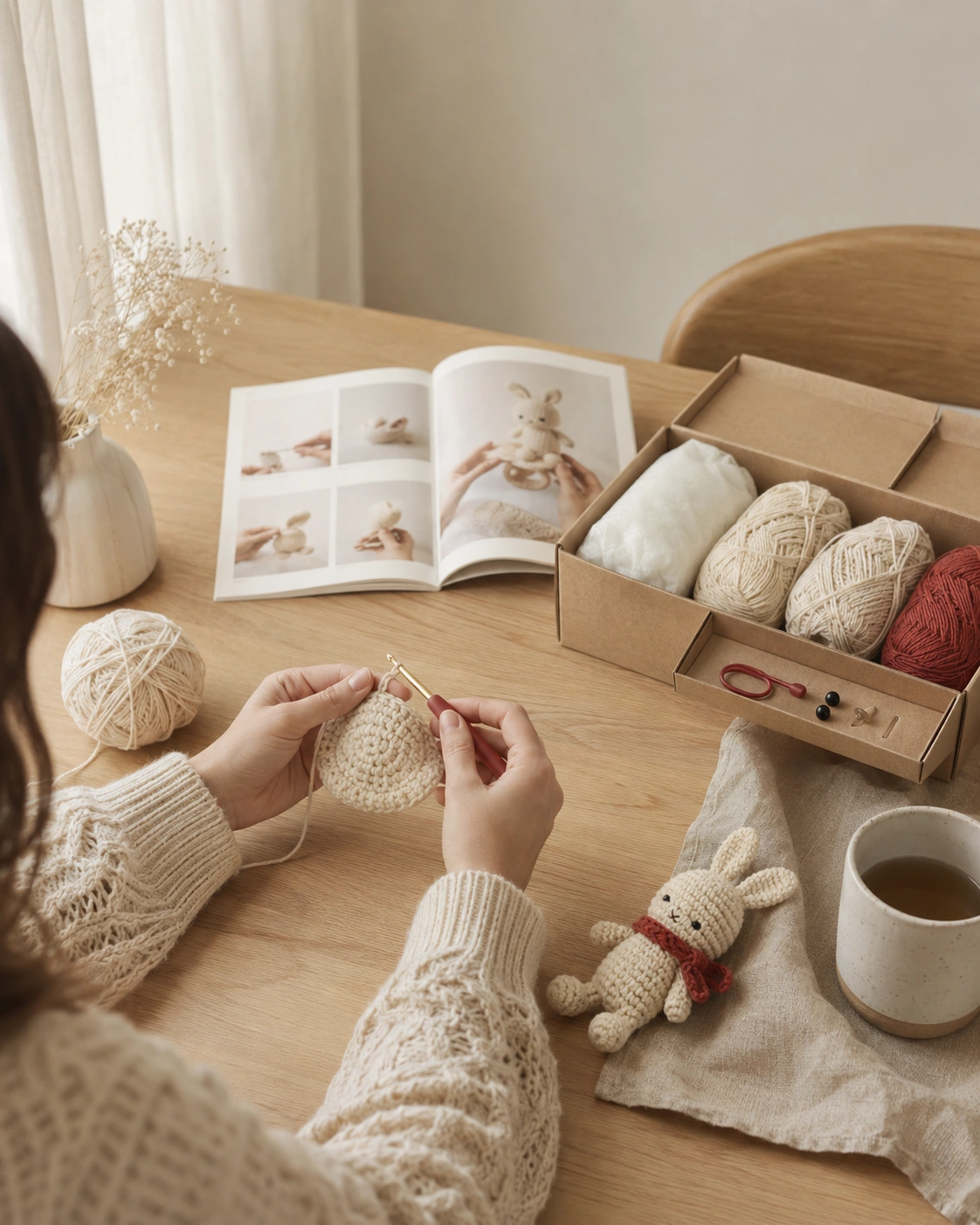 A person creating a crochet piece at a warm oak table