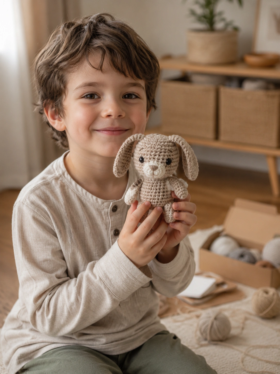 A child holding a finished crochet animal