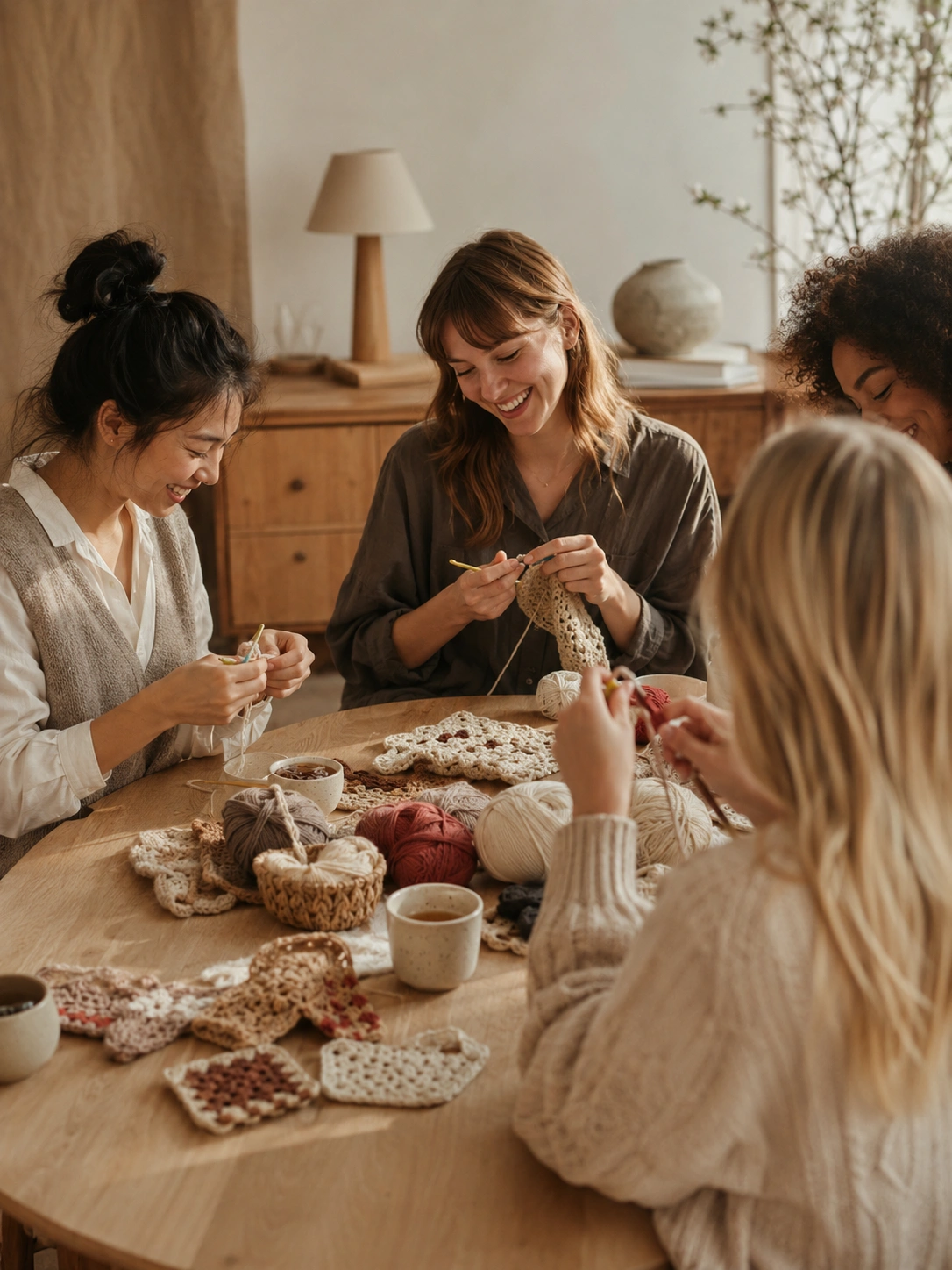 Friends laughing around a crochet project