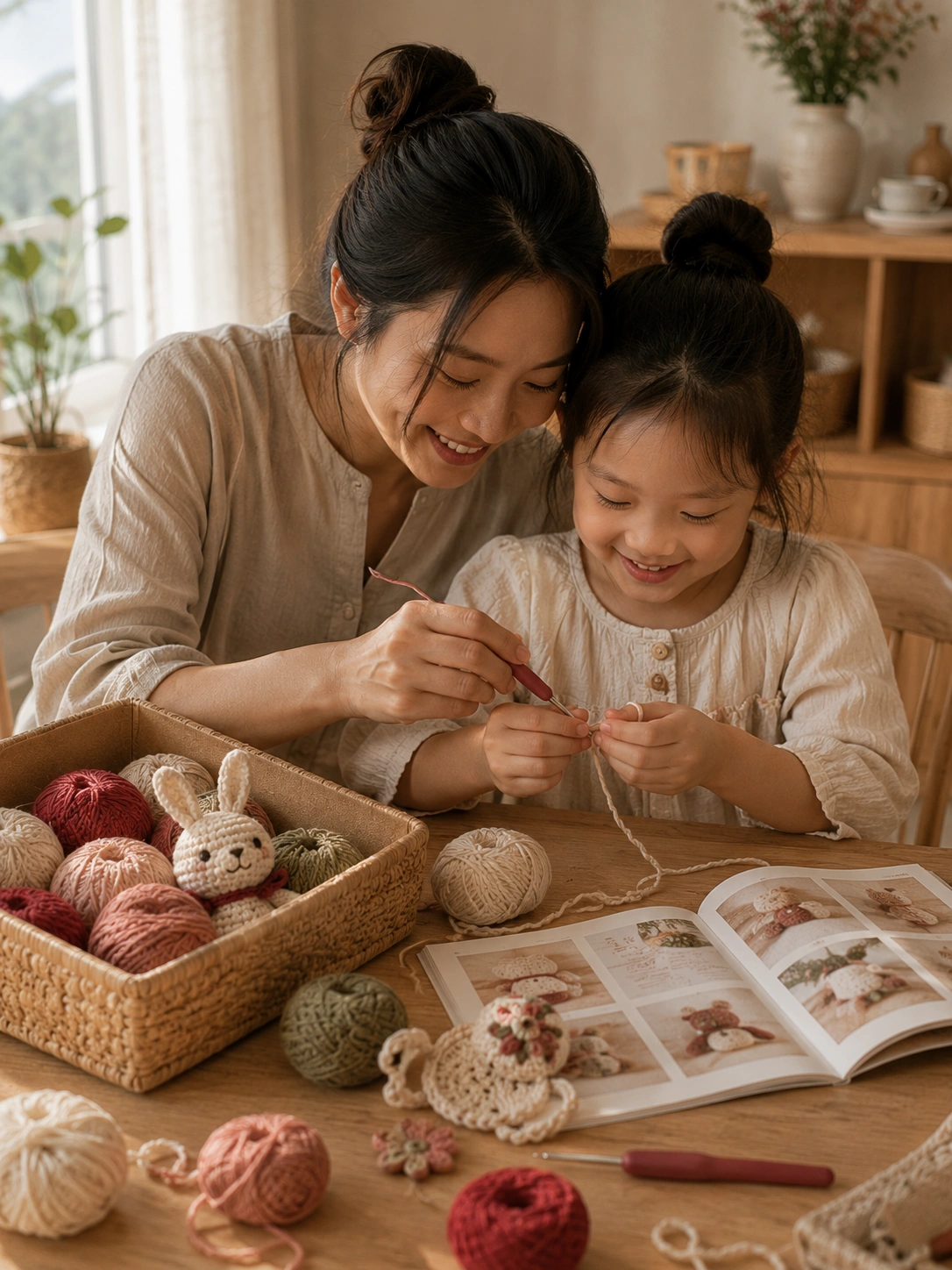 A mother and daughter crocheting together