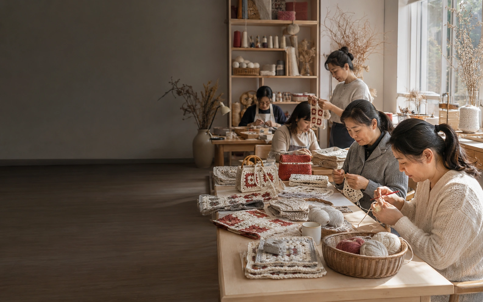 Artisans crafting handmade crochet products in a bright workshop