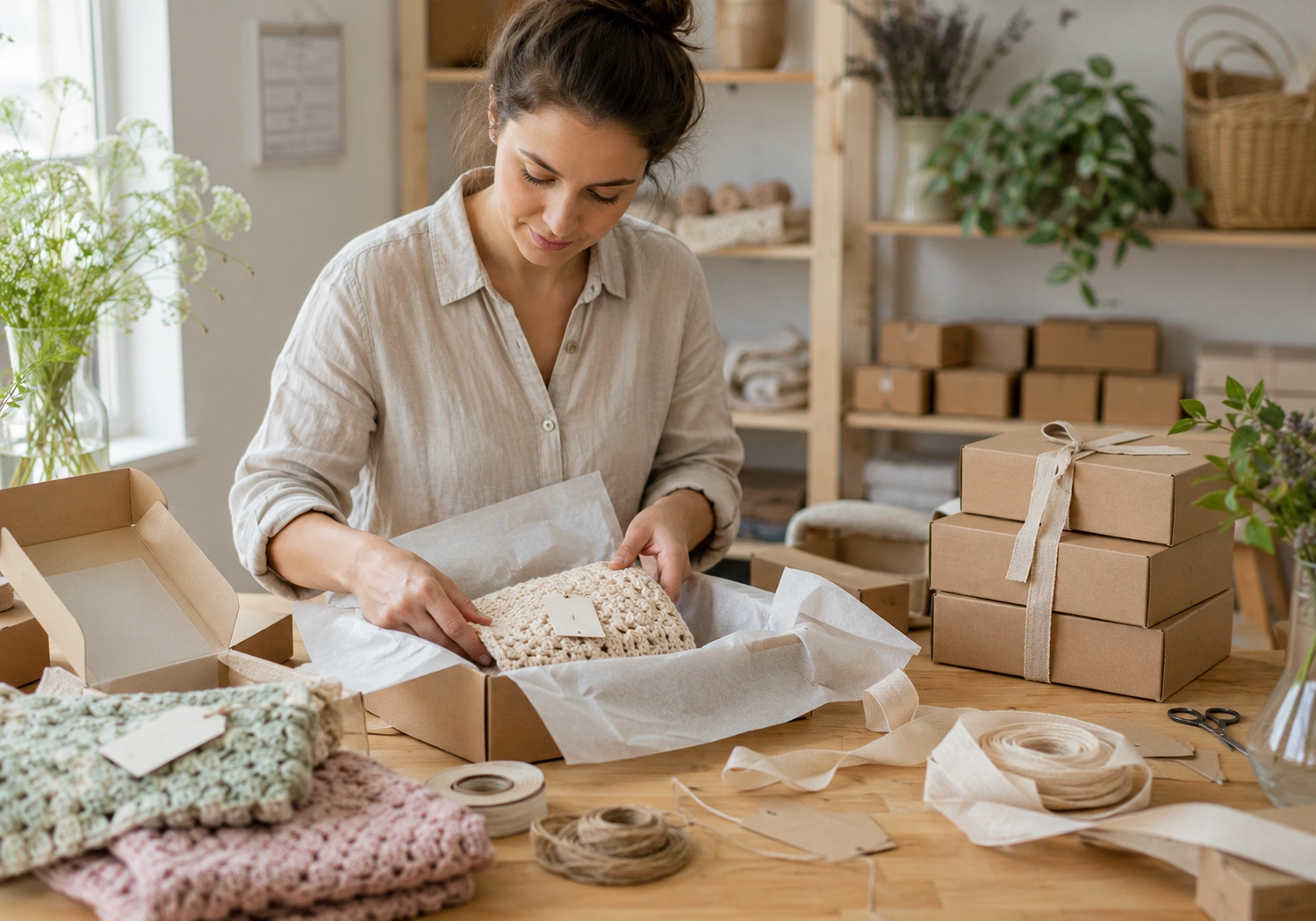 Packaging specialist preparing handmade gifts