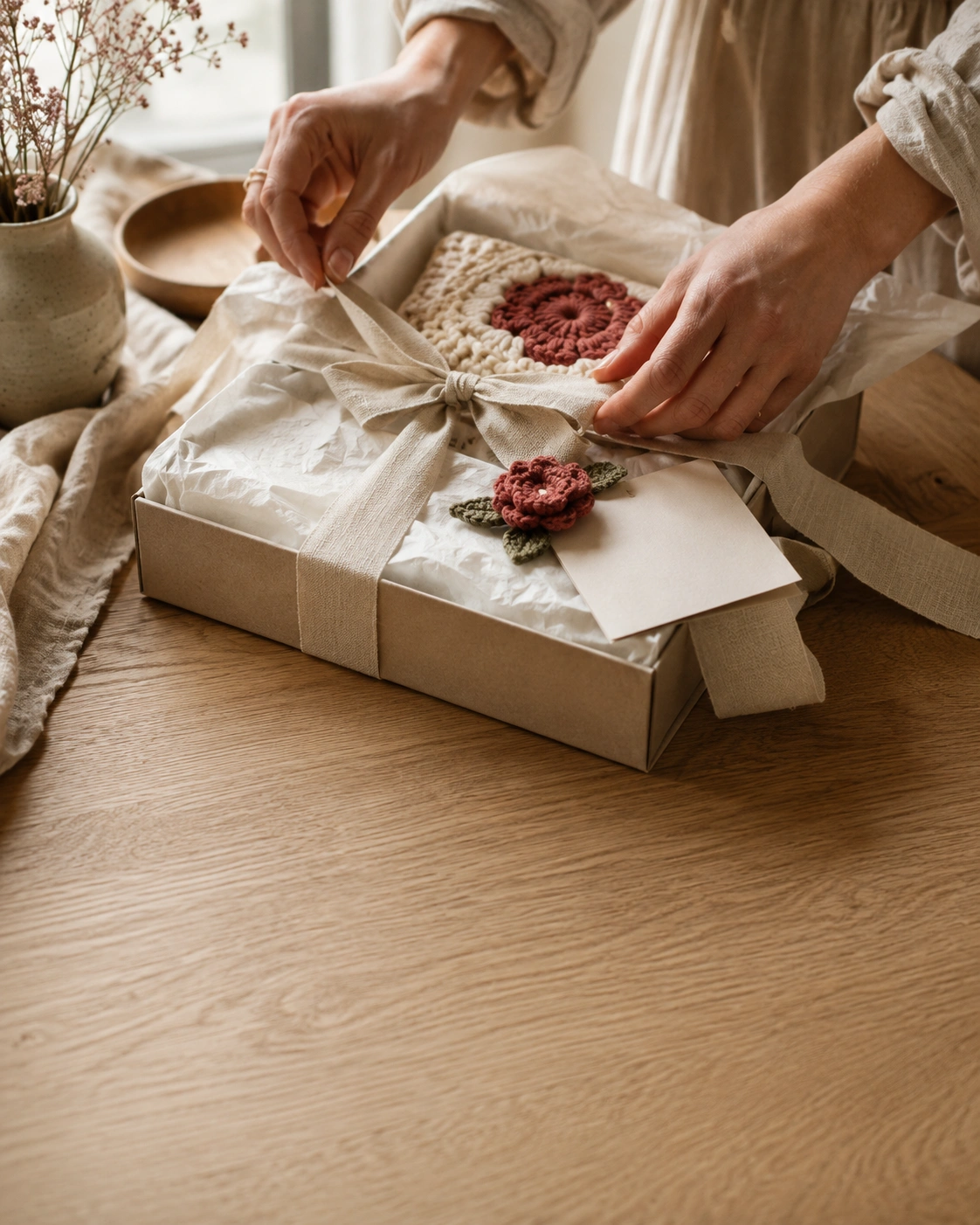A beautifully wrapped Yes.sister handmade gift box with linen ribbon and card