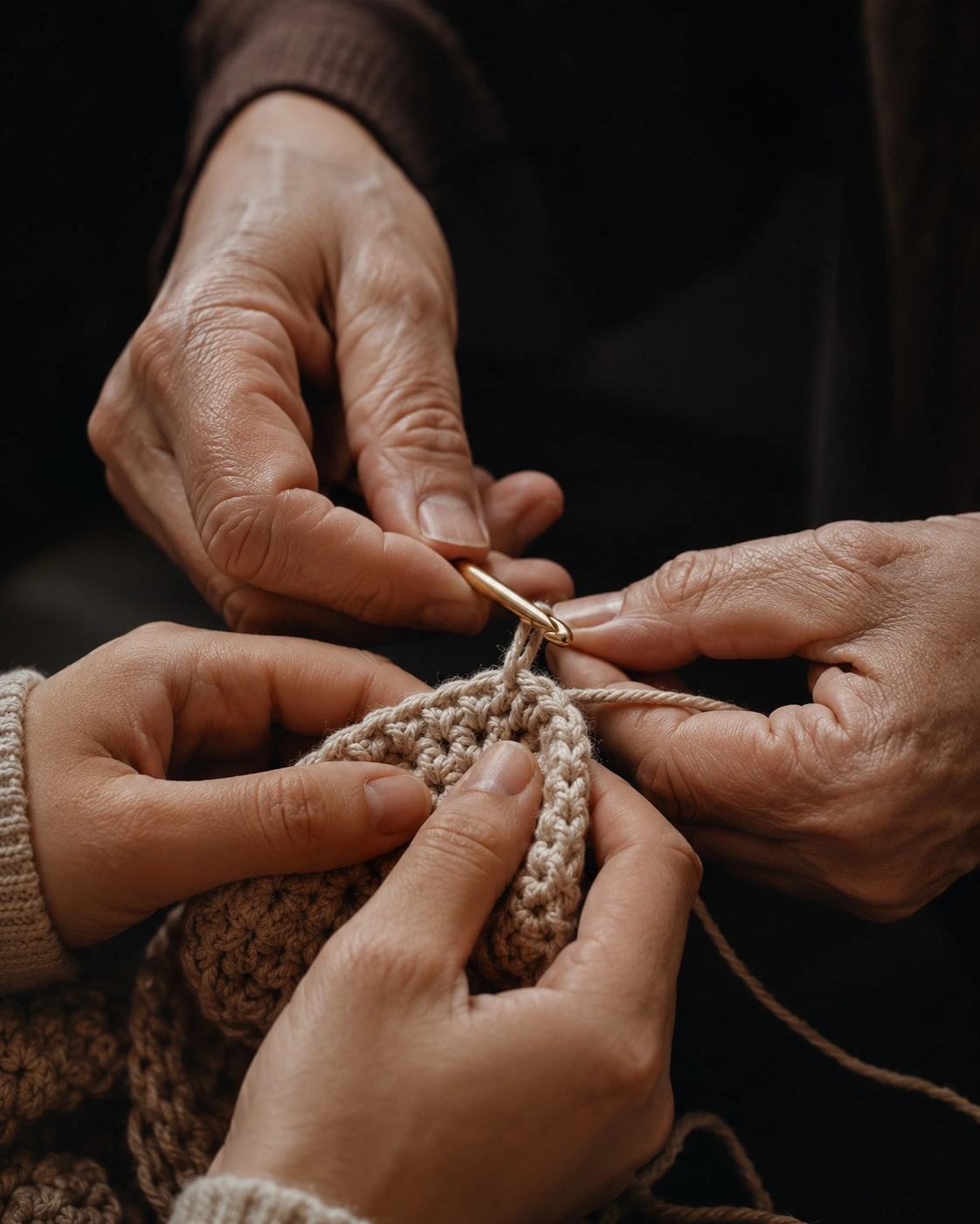 Close-up of hands working on a crochet project