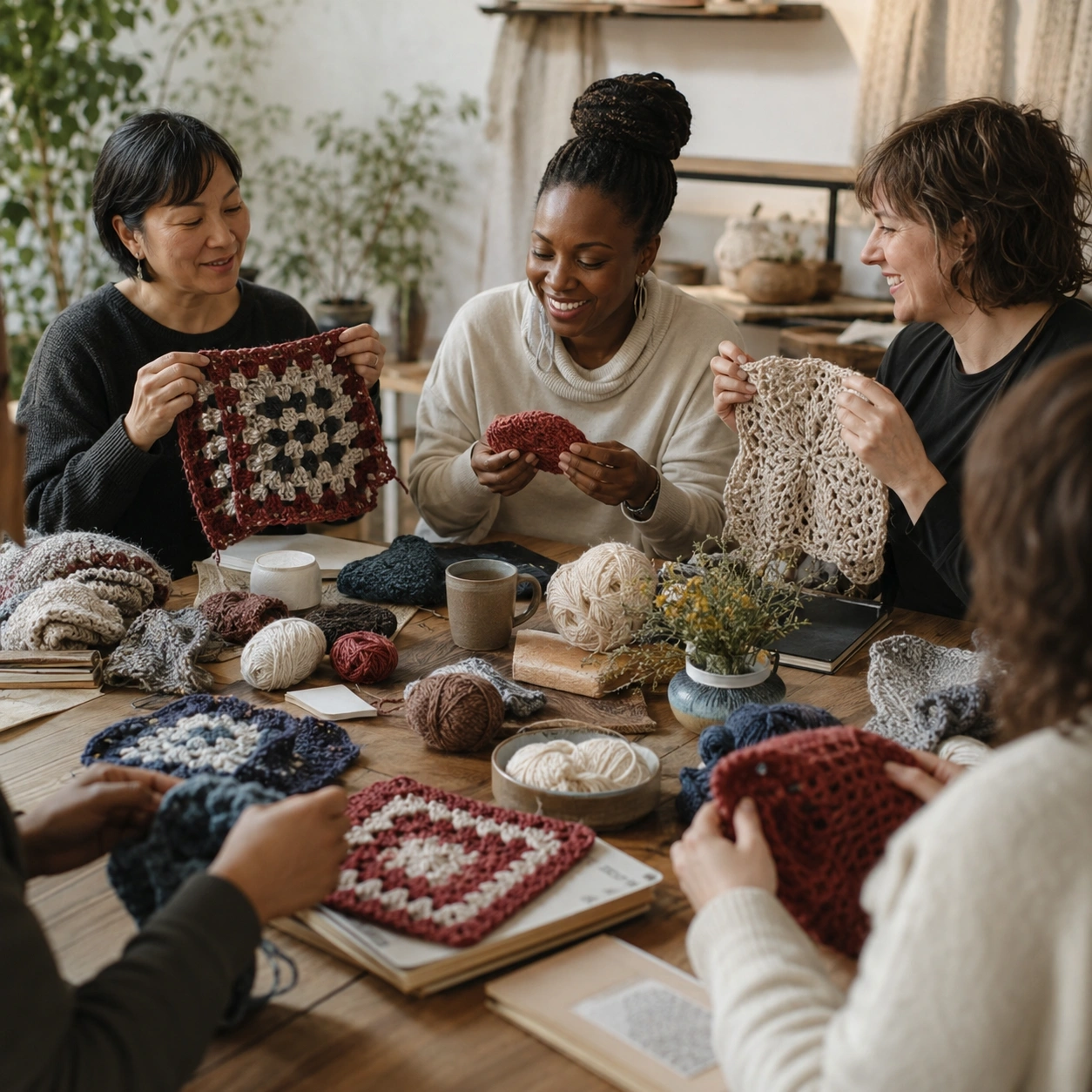 People sharing handmade work around a table