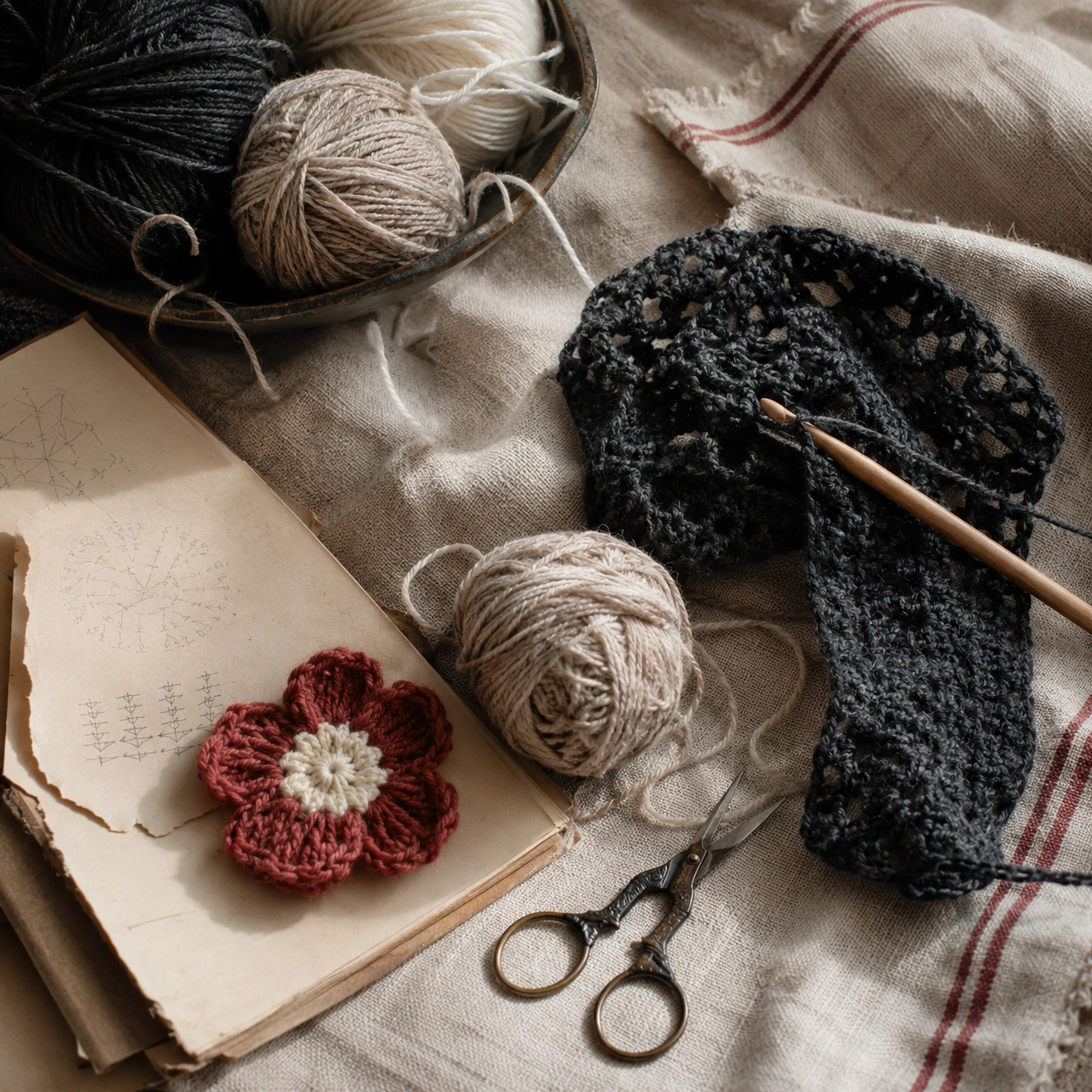 Crochet tools yarn and finished pieces arranged on linen