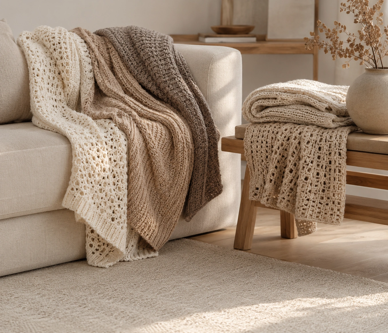 Chunky handmade blanket draped on a cozy sofa