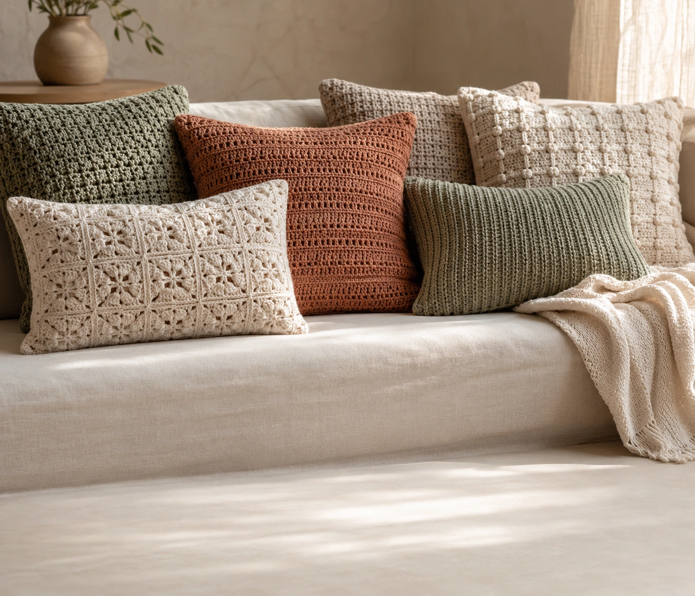 Crochet cushions on a linen sofa in a handmade living room