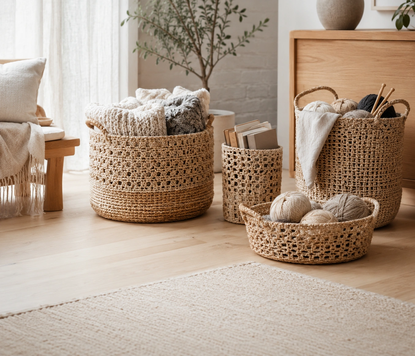 Handwoven storage baskets styled in a natural home interior
