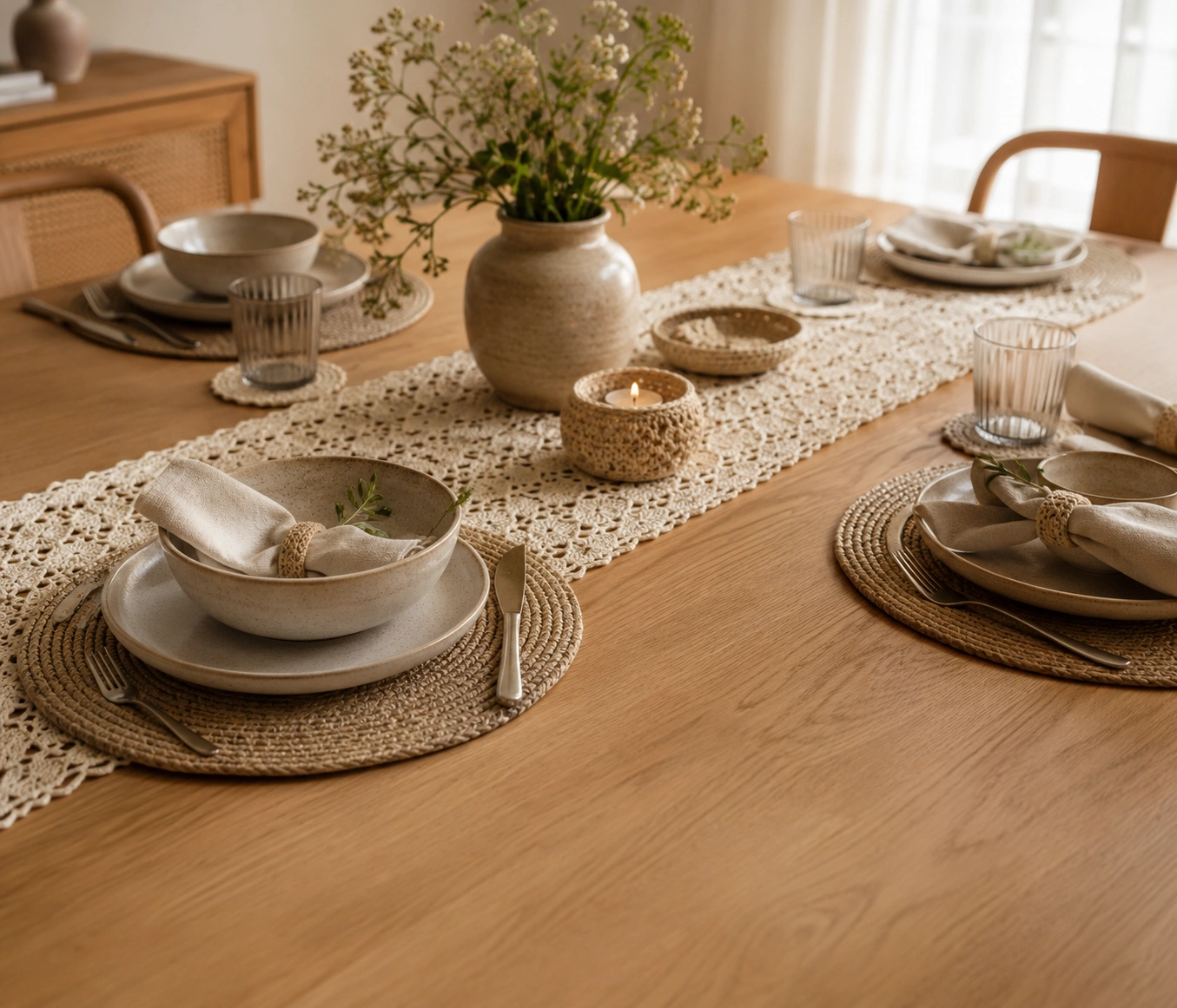 Handmade table decor with crochet runner, placemats and centerpiece