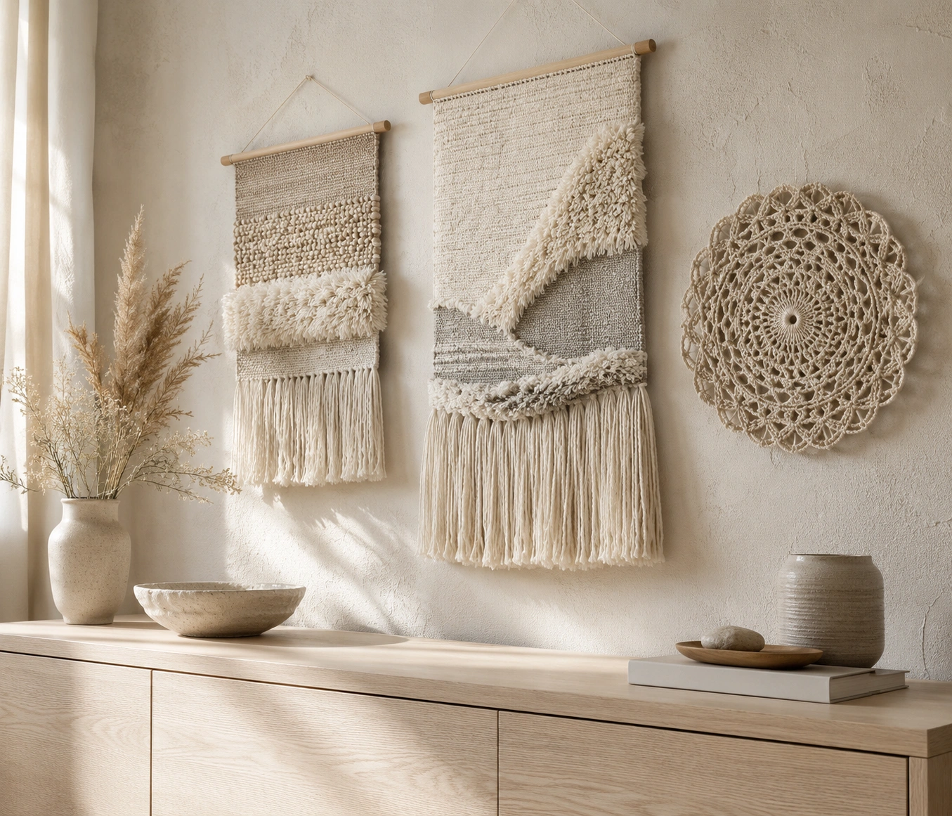 Handmade wall decor with woven textile art in a warm interior