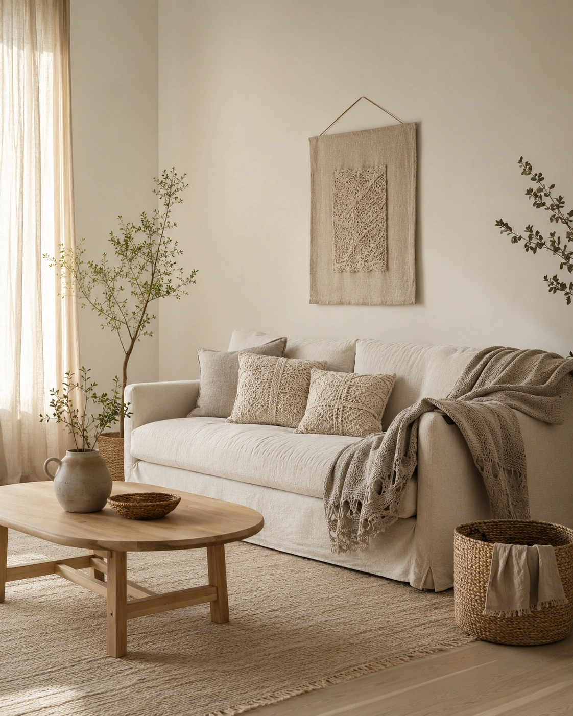 Warm living room with handmade crochet cushions, linen sofa, wooden table and natural daylight