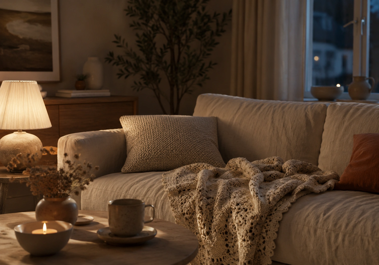 Cozy evening sofa with crochet blanket and handmade cushion