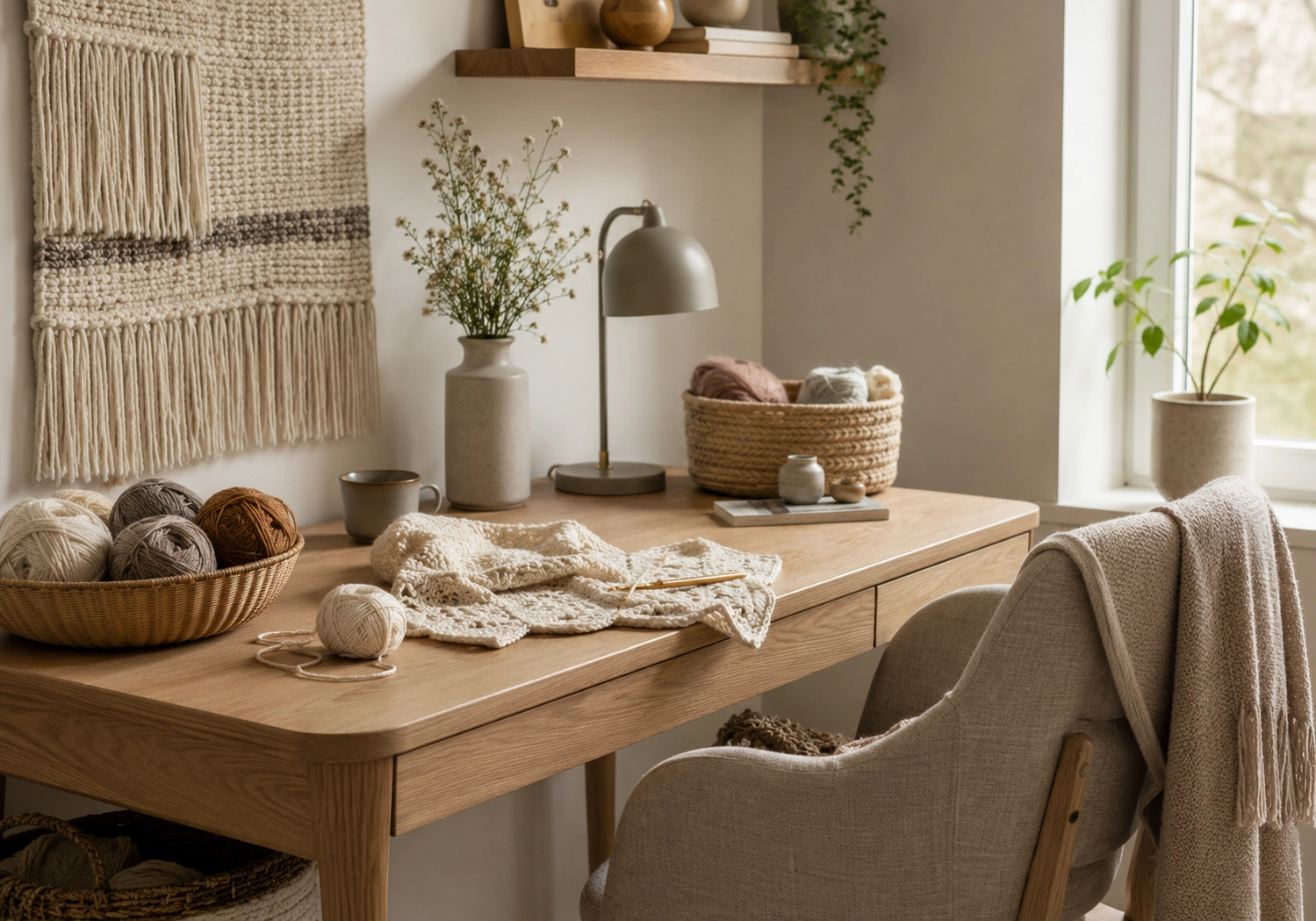 Creative corner with handmade storage basket, yarn and home craft supplies