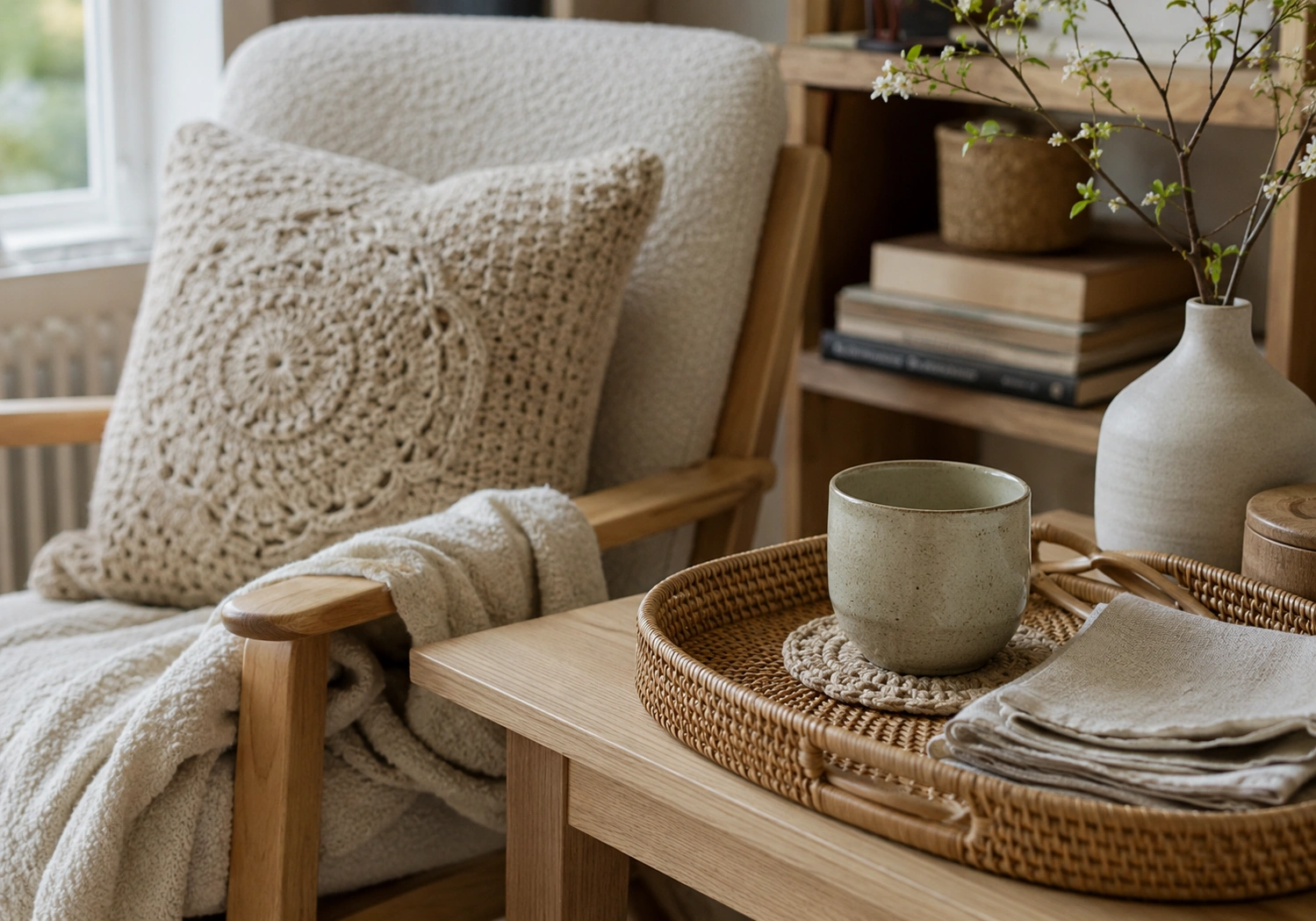 Everyday home ritual with tea tray, handmade coaster and linen cloth