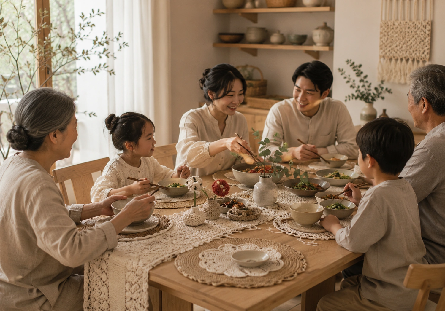Family gathering table styled with handmade runner and table decor