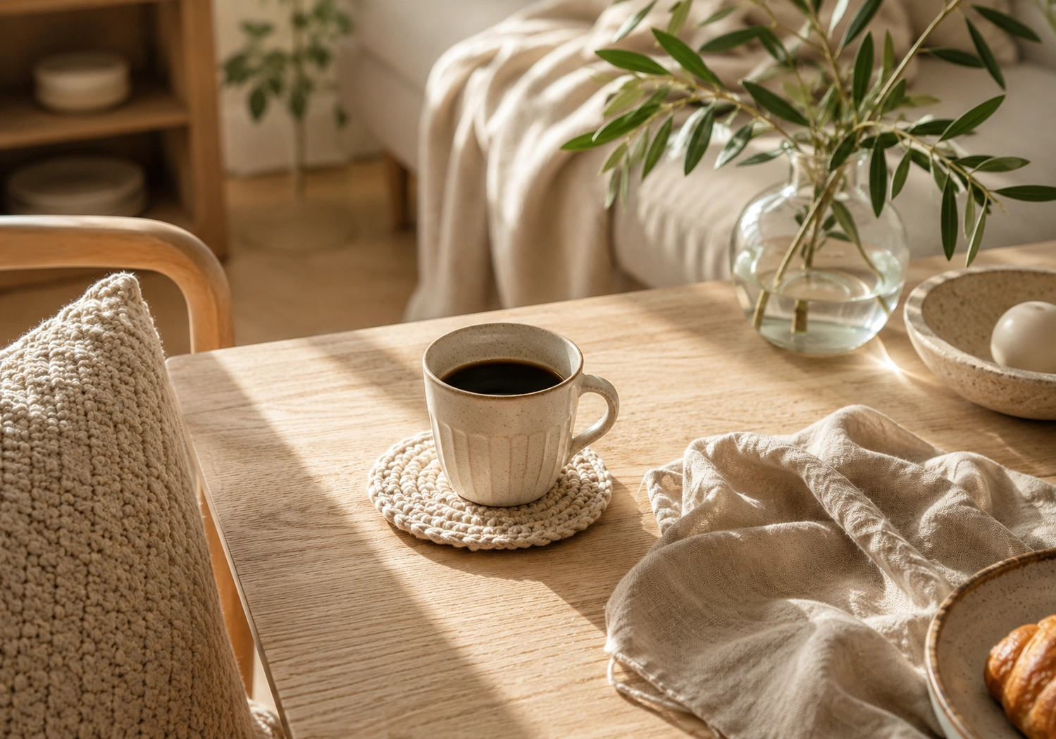 Slow morning coffee with handmade coaster and soft home textiles