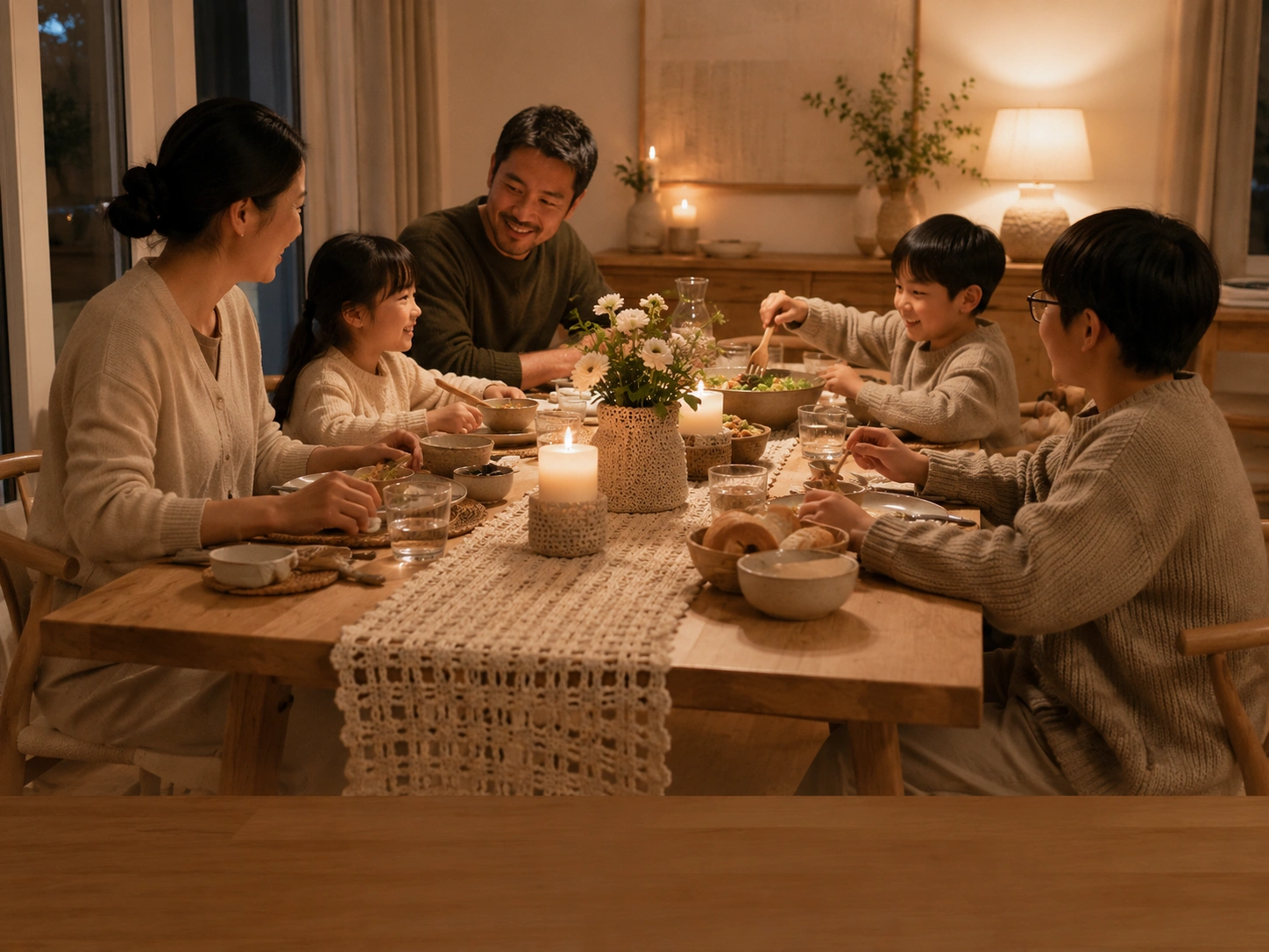 Family dinner table styled with handmade home textiles
