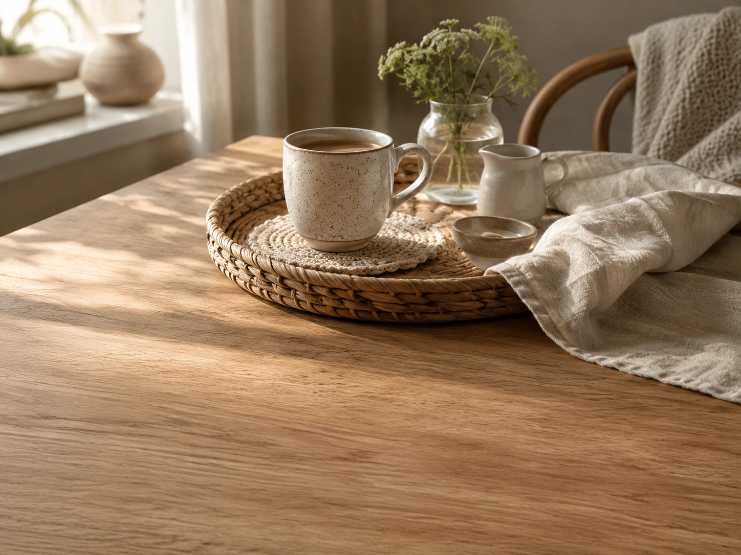 Morning coffee ritual with handmade coaster and woven tray