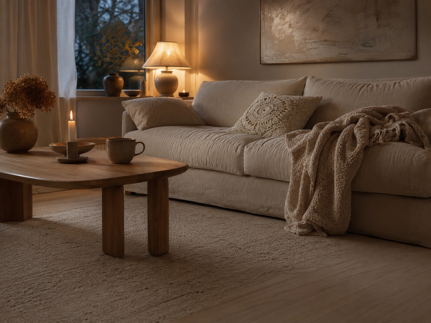 Quiet evening sofa with crochet throw and warm home lighting