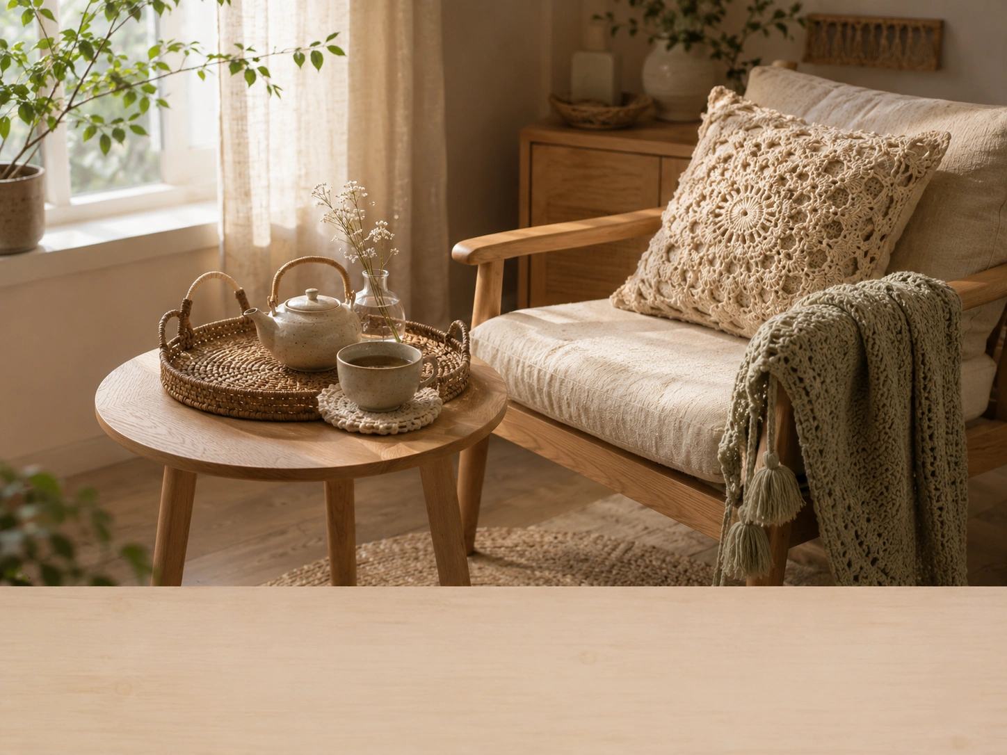 Tea corner with handmade coaster, tray and soft linen