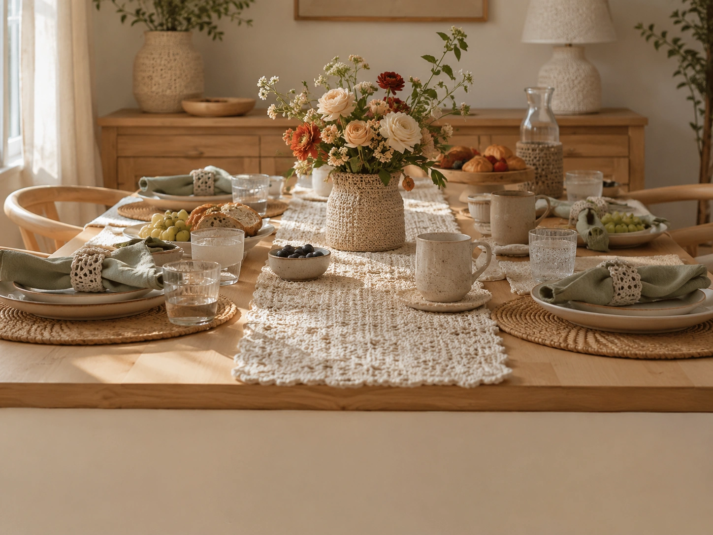 Weekend brunch table with handmade runner and home decor