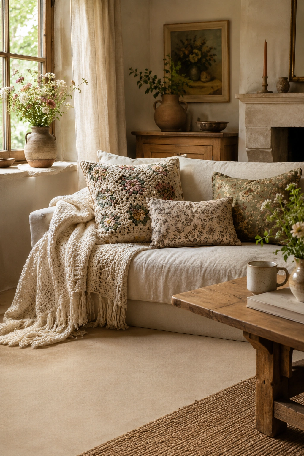 Cozy cottage interior with layered handmade textiles