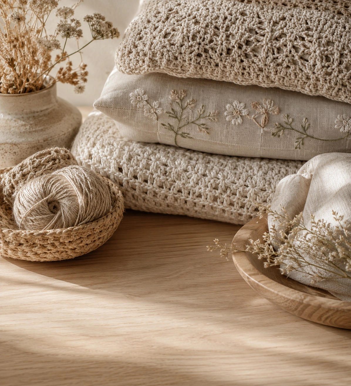 Close-up of handmade details in a warm home interior