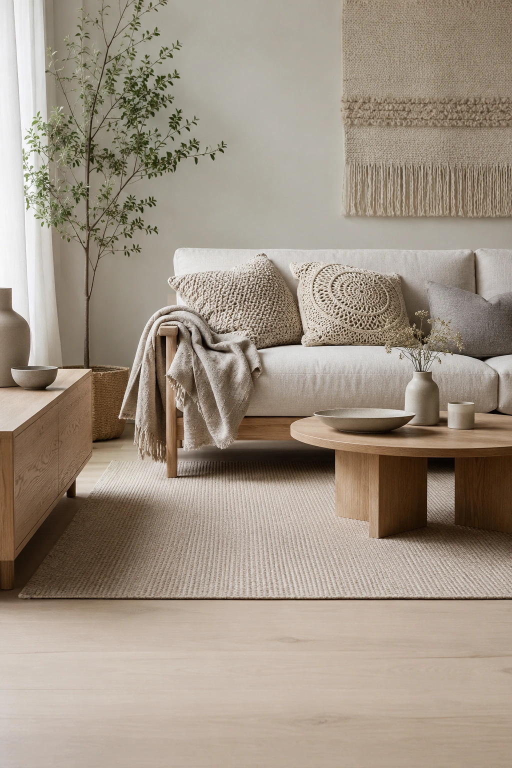 Scandinavian living room with natural wood and handmade textiles