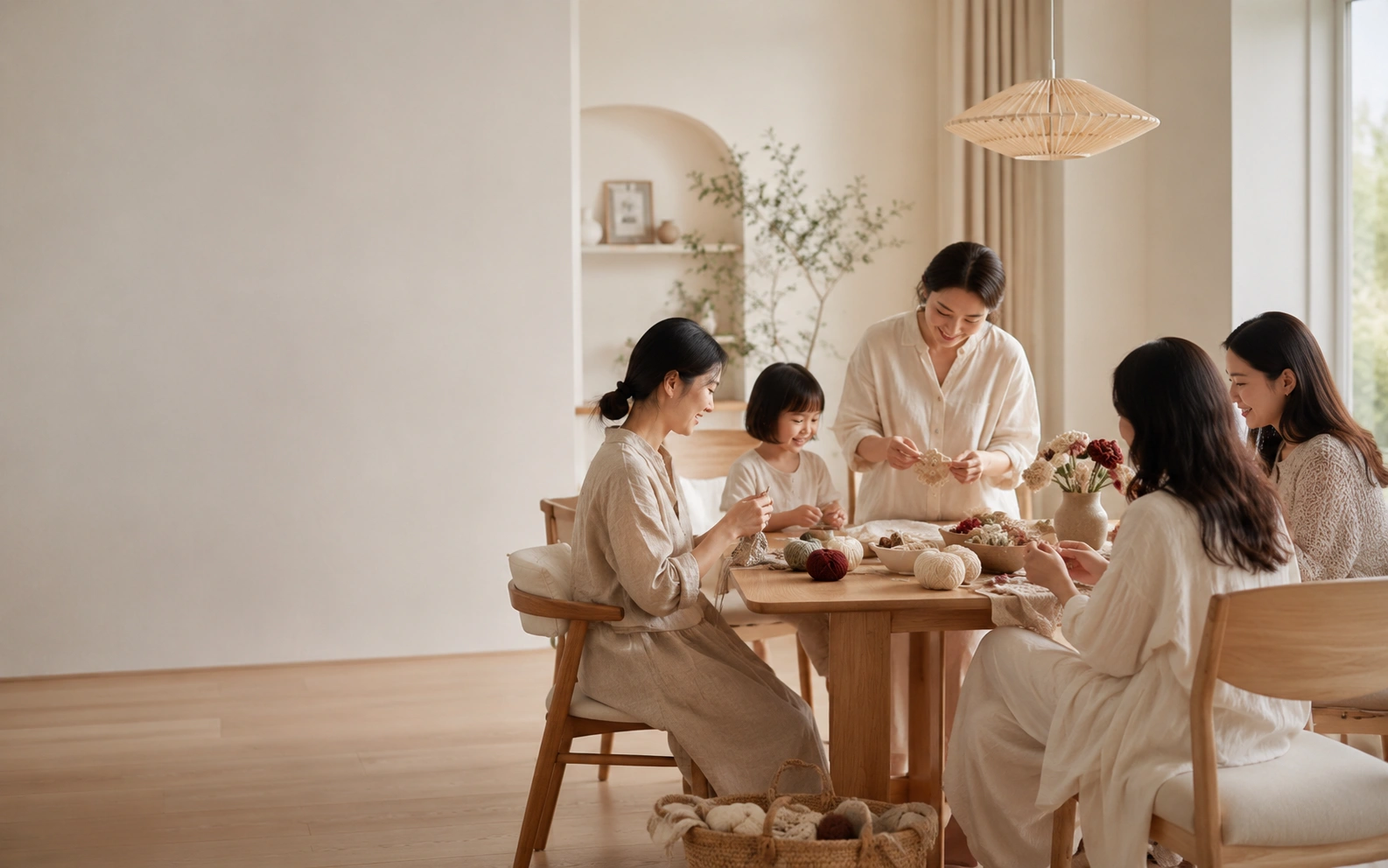 People creating together with handmade crochet in a warm Scandinavian home