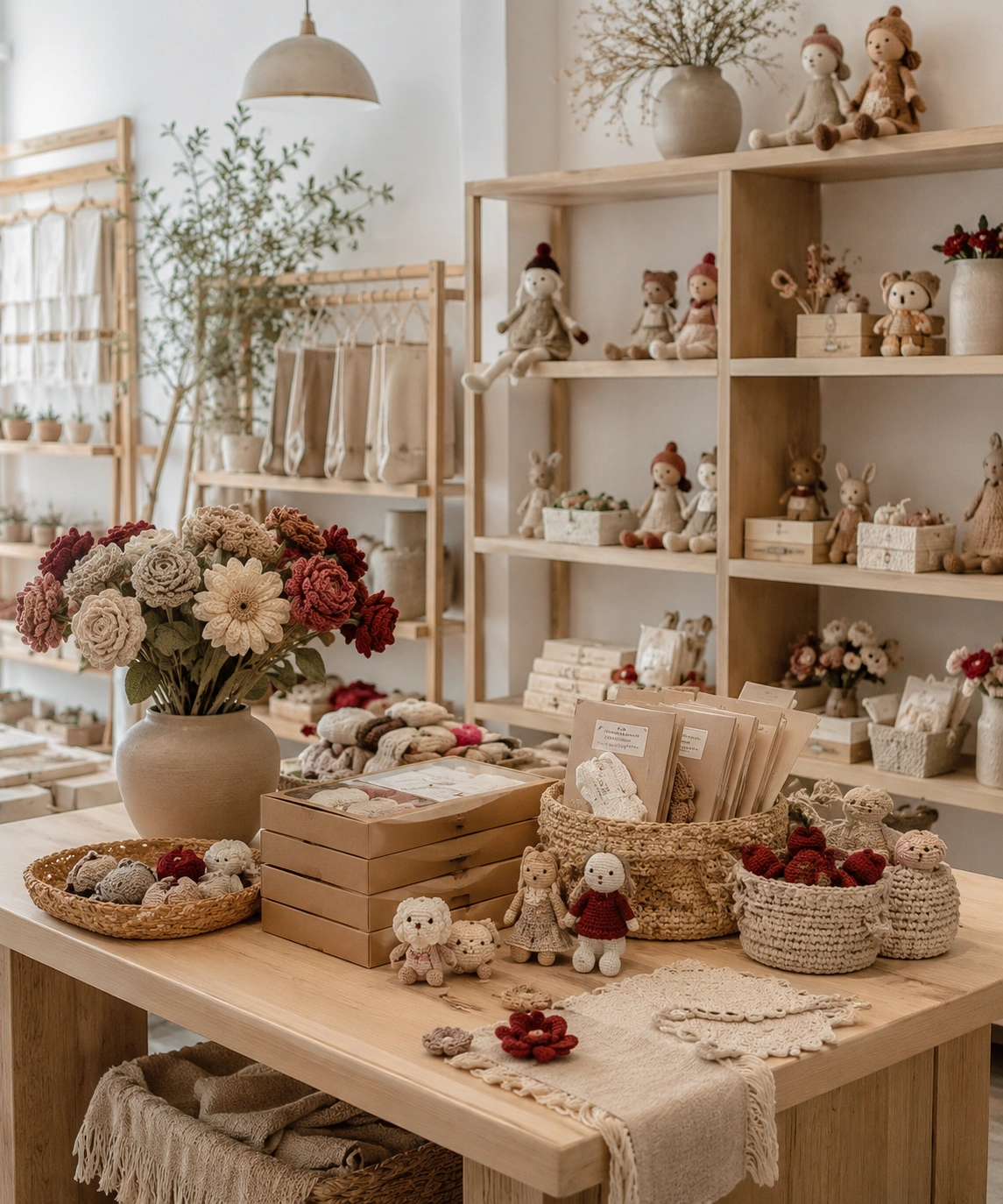 Lifestyle retail display with crochet kits flowers and soft dolls