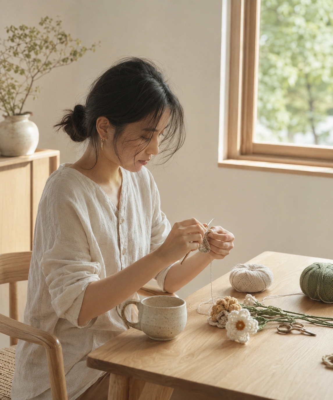 Woman making crochet flowers at a wooden table in warm natural light