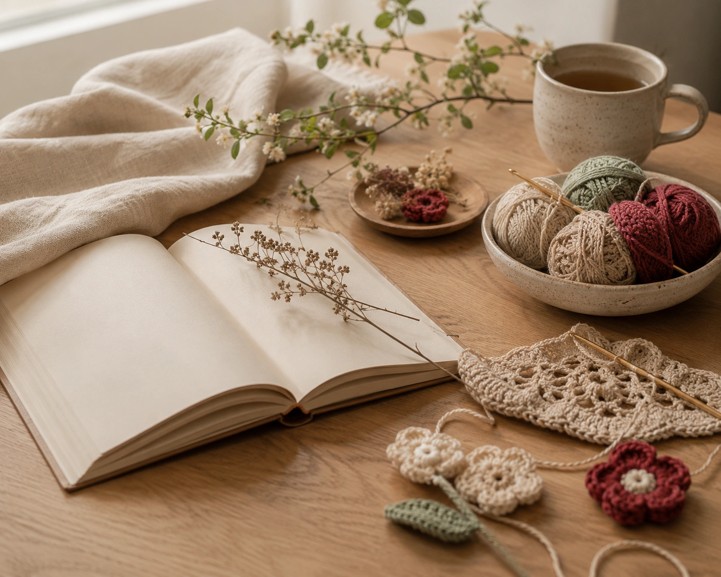 Handmade creativity in everyday life with yarn, flowers and a journal