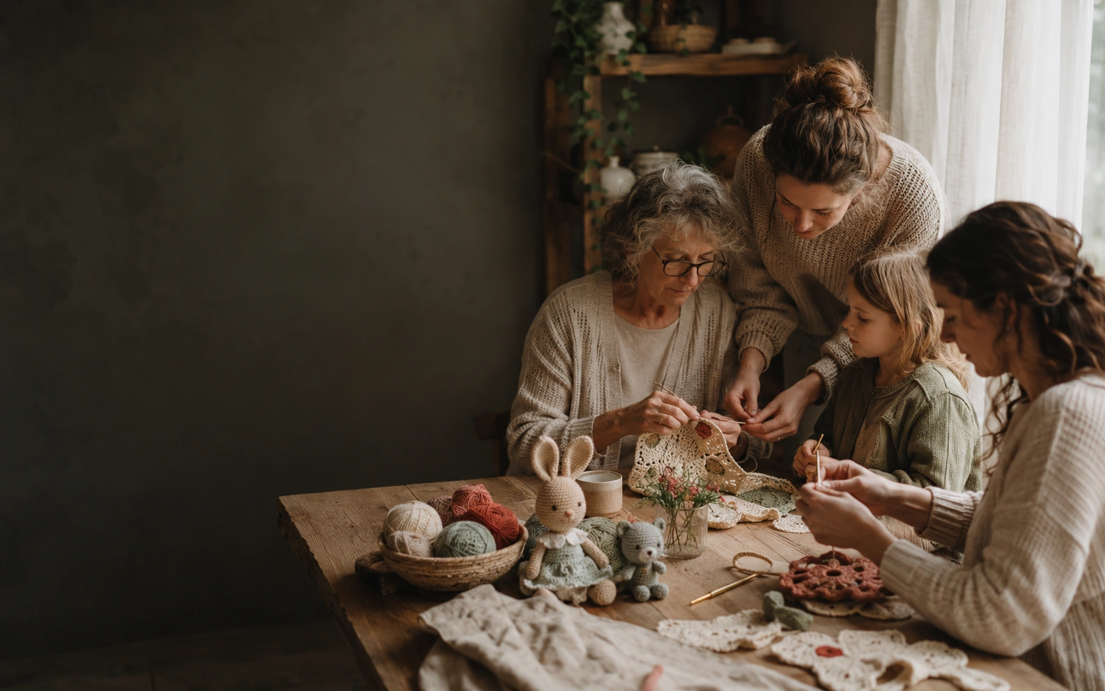Hands crafting together at a warm oak table with yarn, crochet tools and soft daylight