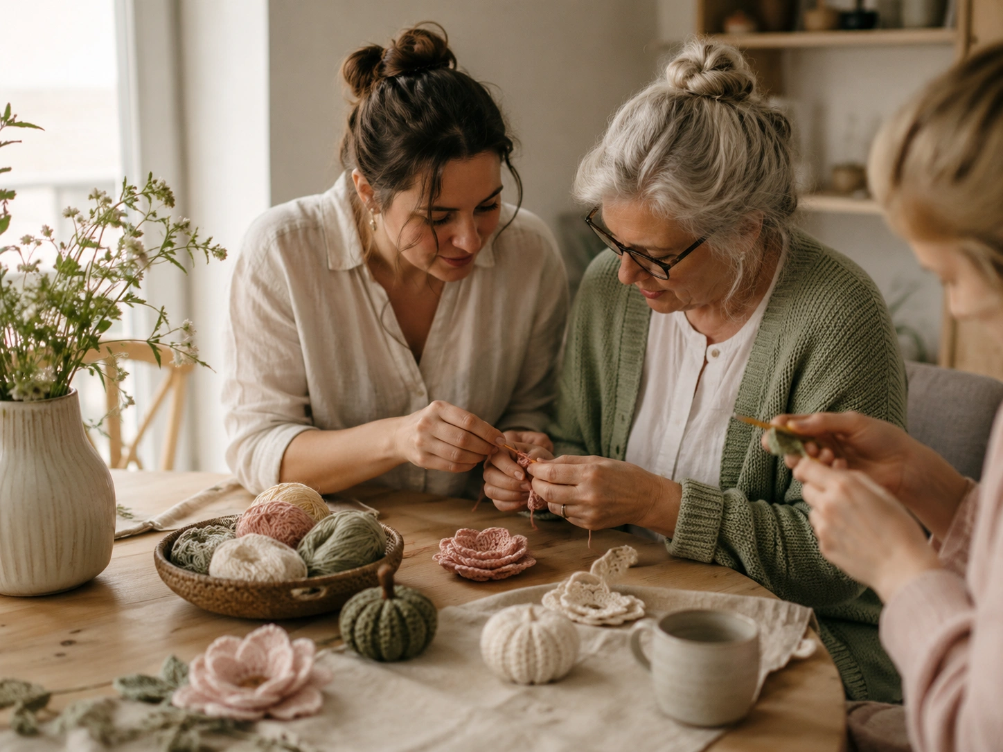 People connecting around a craft table