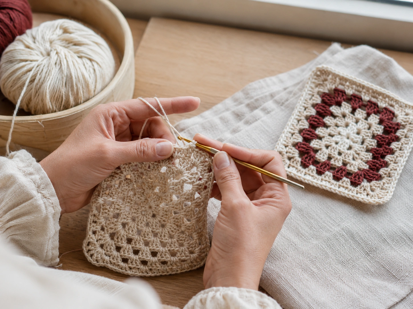 Hands creating a crochet piece at a warm craft table