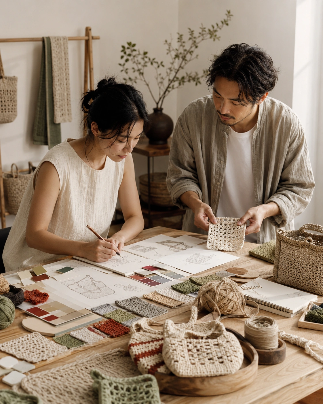 Designer sketching handmade product concepts with yarn swatches in a warm studio