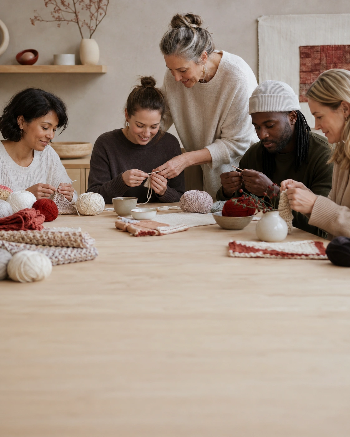 Community workshop participants learning crochet together