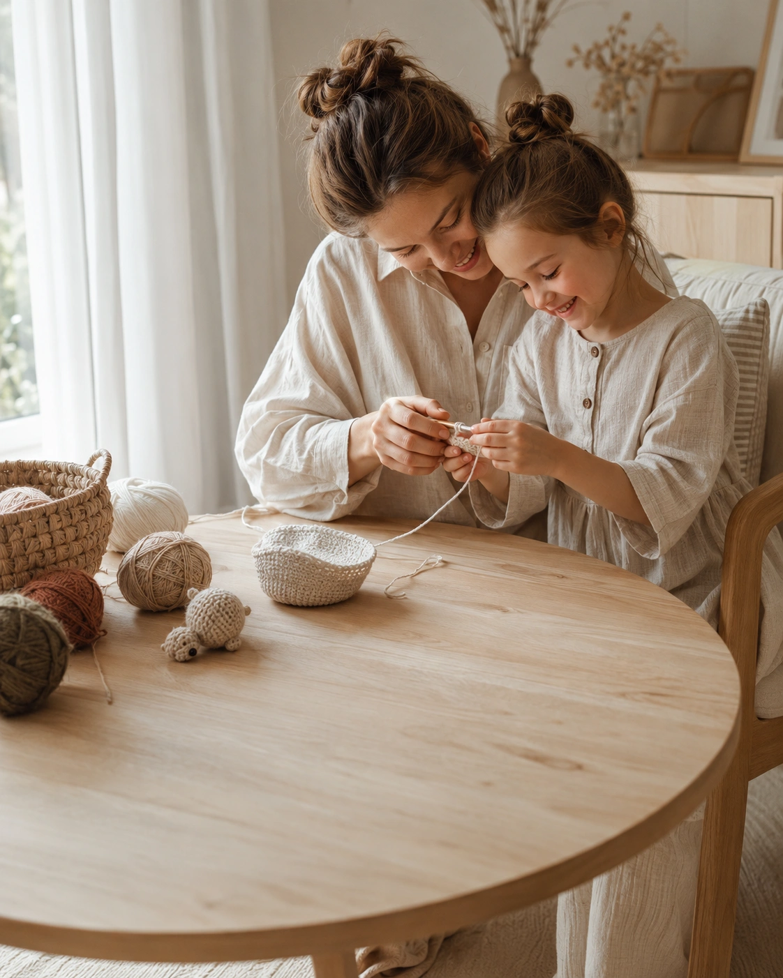 Parent and child creating crochet together at home